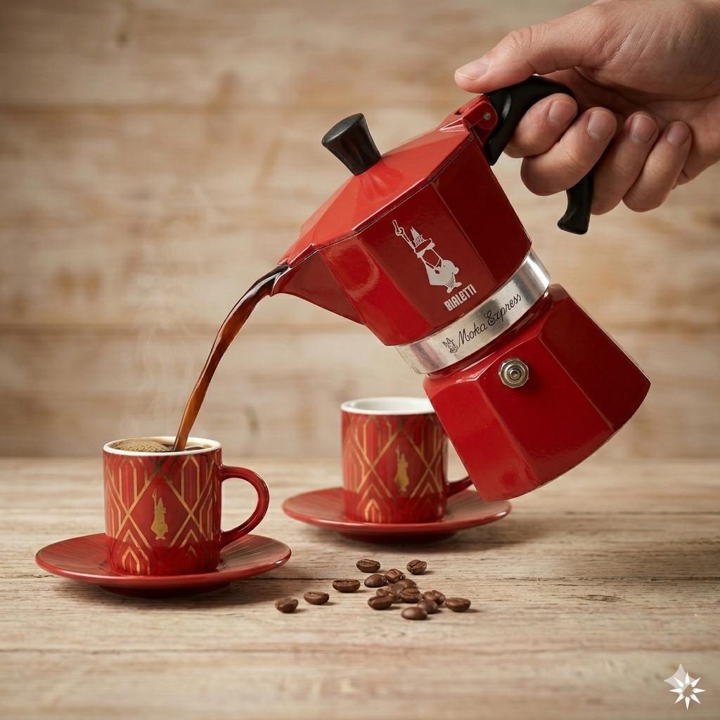 SET MOKA EXPRESS GLAMOUR 3 TZ + 2 TAZAS Y PLATOS ROJO BIALETTI - Imagen 2