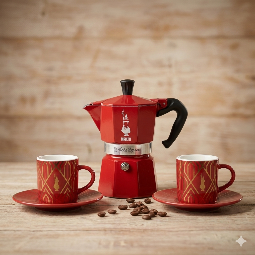 SET MOKA EXPRESS GLAMOUR 3 TZ + 2 TAZAS Y PLATOS ROJO BIALETTI